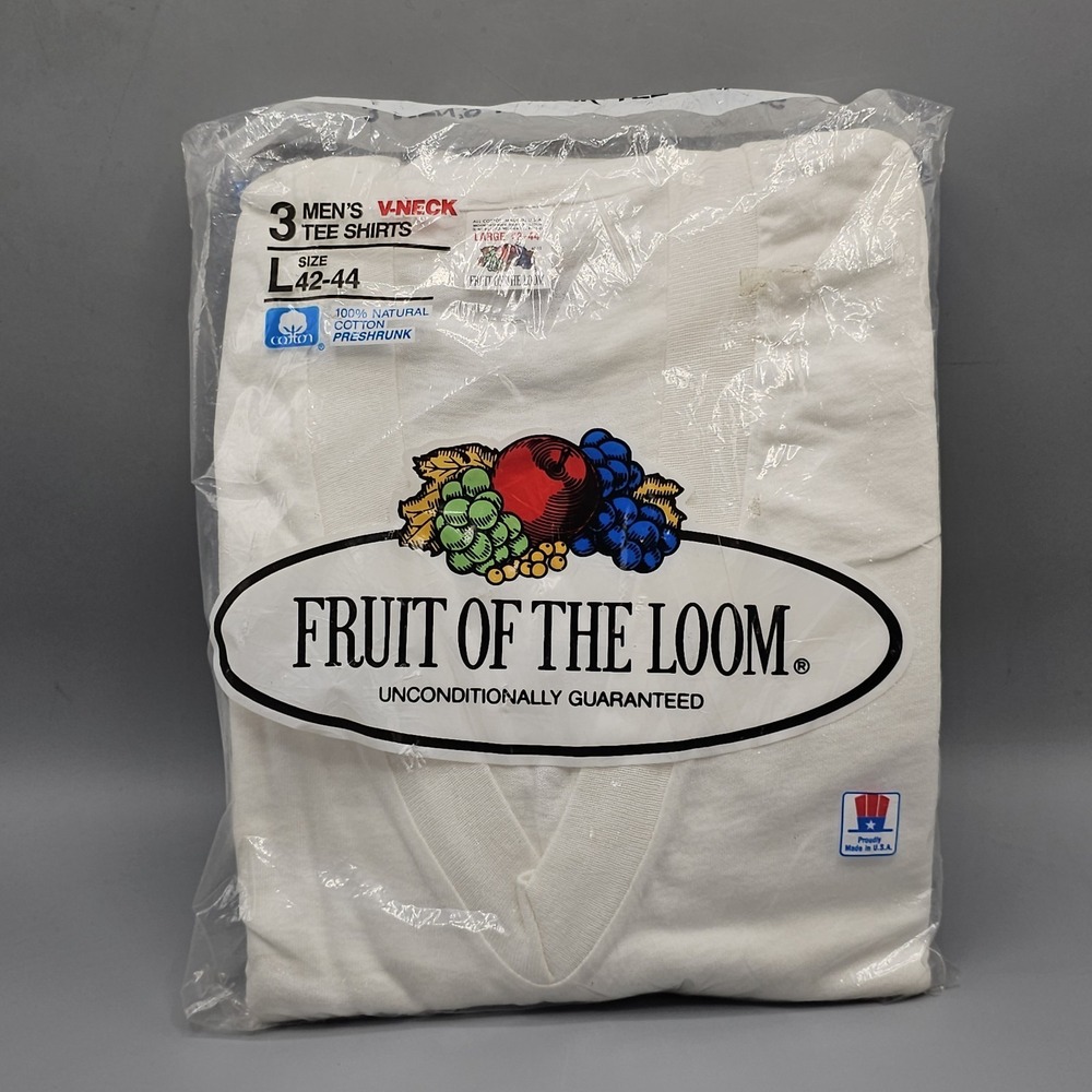 Vintage Fruit Of The Loom V Neck  T Shirts Size Large White 3 Pack 80s NOS New